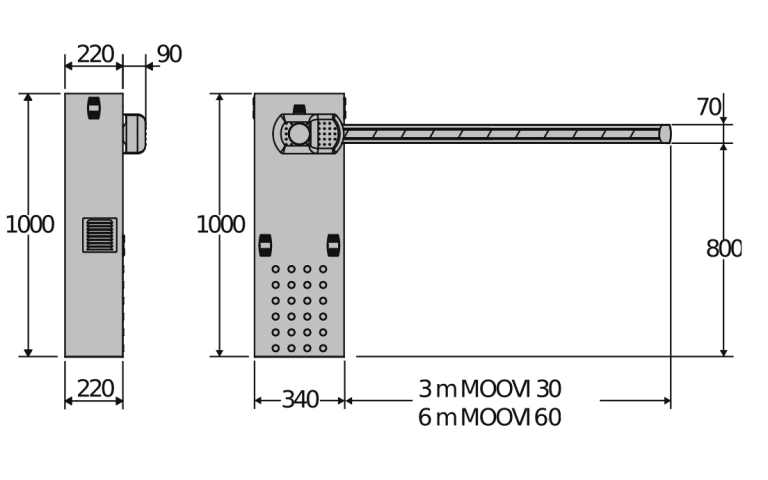 Dimensiones control de acceso vehicular con tag bft-moovi-60